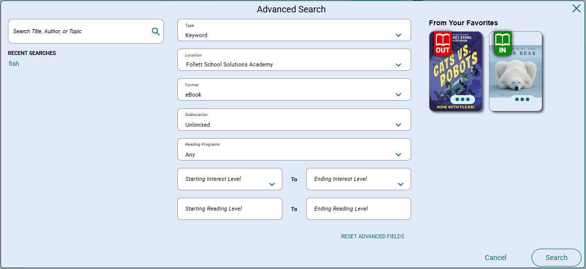 Advanced Search options with the format eBook highlighted.